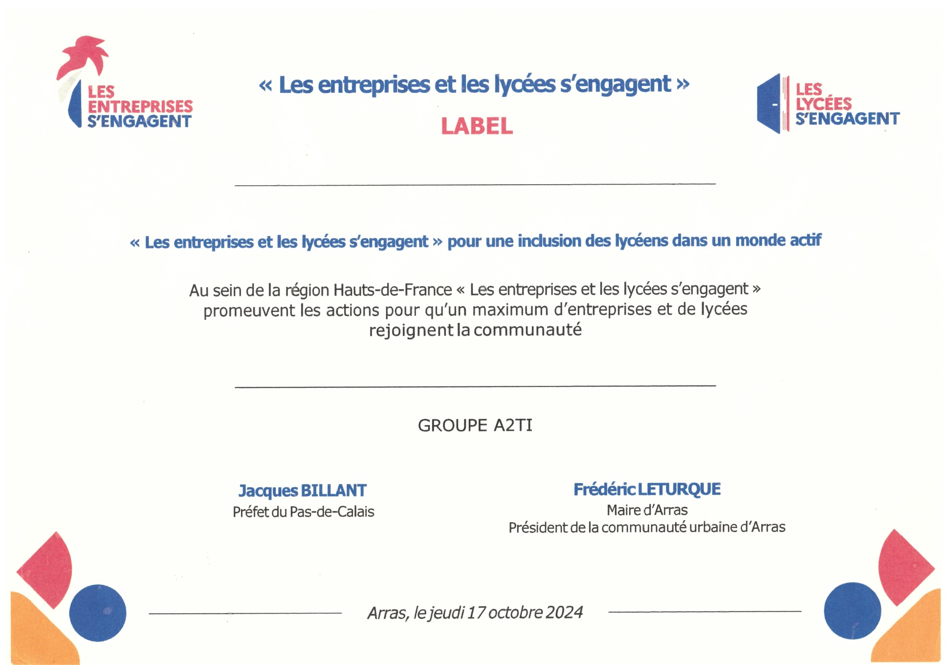 Le Groupe A2TI reçoit le label entreprises engagées en 2024